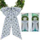 HunnmingRe blue block print wreath sash on a front door for festive curb appeal