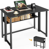 Huuger folding desk with storage shelf, compact setup for small rooms.