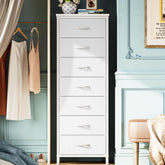 Huuger tall dresser with seven white fabric drawers keeps bedroom storage tidy.