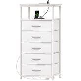 Huuger white dresser with five drawers and charging station for organized storage.