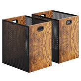 Huxitocan retro office trash can front view shows sturdy iron and wood design.