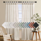 H.VERSAILTEX natural linen tab top panel diffuses light for a cozy living room ambiance.