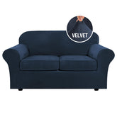 H.VERSAILTEX base cover on navy sofa offers snug slip resistant protection