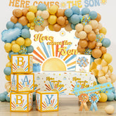 HYCSANBAO Here Comes the Son backdrop adds festive baby shower ambiance.