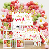 HYCSANBAO strawberry baby shower backdrop highlights a festive focal point for photos.