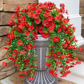 HyeFlora artificial red daisy with eucalyptus leaves for outdoor porch decoration, UV resistant