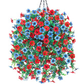 HyeFlora artificial hanging basket with blue and red daisies for lifelike curb appeal.
