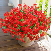 HyeFlora twelve bundle outdoor artificial morning glory with red blooms and eucalyptus leaves for front door decor.
