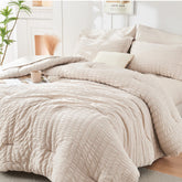 HYMOKEGE beige California King comforter set shows seersucker texture for wrinkle-resistant elegance.