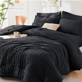 HYMOKEGE Black seersucker comforter set, 7-piece, ideal for all-season coziness and simple care