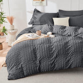 HYMOKEGE dark grey duvet cover queen highlights seersucker texture for breathable nights.