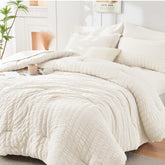 HYMOKEGE Ivory full-size comforter set in seersucker provides all-season warmth.