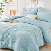 HYMOKEGE Lake Blue Queen Comforter Set on bed for all-season comfort