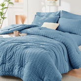 HYMOKEGE Mineral Blue Queen Comforter Set on bed with soft microfiber feel for all-season warmth