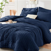 HYMOKEGE navy blue full-size comforter with seersucker texture enhances bedroom style