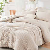 HYMOKEGE beige queen seersucker comforter with textured waves enhancing bedroom elegance