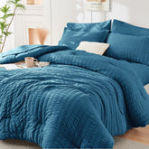 HYMOKEGE Teal king size comforter set with seersucker texture for a luxe bedroom look.