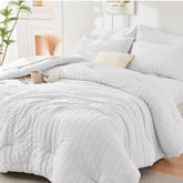 HYMOKEGE white queen seersucker comforter set packaging for easy unboxing.