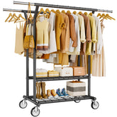 HYSEYY heavy-duty clothes rack side view showing sturdy chrome finish for long-term use.