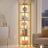 Hzuaneri corner shelf with LED lighting highlights display items in a modern living room.