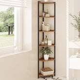 Hzuaneri 6-tier corner shelf stand in rustic brown for organized living room display.
