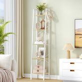 Hzuaneri ladder shelf in white oak shows tall storage for books and decor.