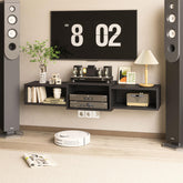 IBUYKE floating TV stand with power outlet keeps cables organized and accessible.