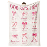 IDELTIME God Says I Am pink bow blanket in soft fabric for comforting faith-filled moments.