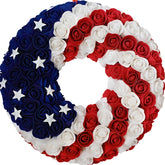 Idyllic 20in patriotic wreath with roses and stars for vibrant exterior decor.