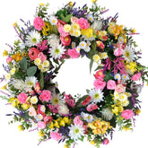 Idyllic 22-inch front door wreath with spring wildflowers boosts curb appeal.