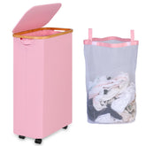 iEGrow 75L laundry basket with wheels in pink for easy transport around the home.