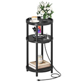 HOOBRO Small Round Side Table with Charging Station | 3-Tier Bamboo End Table
