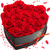 Impouo preserved roses in a heart-shaped box, lasting romance with no water needed.