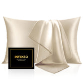 INFIIXSO Mulberry silk pillowcase on bed showing smooth hair-friendly surface.