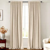 INOVADAY linen blackout curtains packaging with two 50x84 panels ready for easy hanging