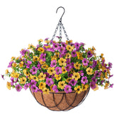 INXUGAO silk daisy hanging basket featuring purple and yellow blooms for year-round color.