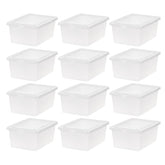 IRIS USA 12-pack clear storage bins with see-through design for quick item checks.