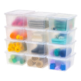 IRIS USA 12-pack storage bins with lids offer clear visibility for quick item retrieval.