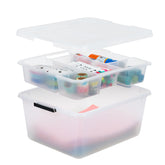 IRIS USA 18 qt clear storage organizer with lid and dividers keeps crafts neatly visible.