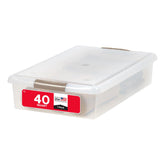 IRIS USA 40 Qt under-bed storage bin nestable keeps clothing organized and dust-free.