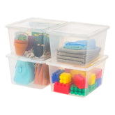 IRIS USA 4-pack 25qt clear storage bins with lids for easy closet organization.