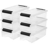 IRIS USA 6-pack storage bins with lids on a shelf for easy organization