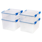 IRIS WeatherPro 27 qt bin with lid showing tight latch and moisture seal for safe storage.
