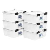 IRIS WeatherPro 31 Qt bin with lid showing secure latch for moisture-free storage.