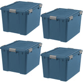 IRIS WeatherPro 74 Qt storage bin with navy lids showing airtight seal for protected contents.