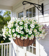 Ivydale artificial hanging morning glory blooms with eucalyptus leaves for porch decor.