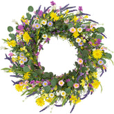 J'FLORU Spring Wreath on front door with daisies and lavender, welcoming entryway charm
