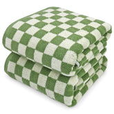 Jacquotha bath towels in green checkered pattern provide generous 55x27.5 inch coverage for wrapping.