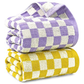 Jacquotha checkered bath towel set in yellow and lilac for quick-dry beach use.