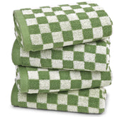 Jacquotha green hand towels with checkered pattern for quick-dry bathroom practicality.